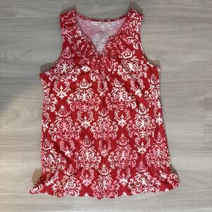 Merona Women Top Red White Damask Ruffle V-Neck Sleeveless Cotton Peplum Size M